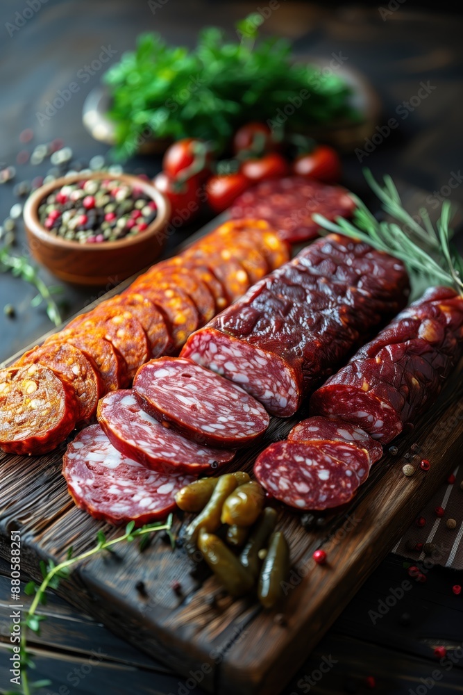 Assorted Sliced Cured Meats on Wooden Board with Fresh Herbs, Spices, and Vegetables in Background - Perfect for Culinary, Food Photography, and Gourmet Cooking Themes Assorted Sliced Cured Meats on Wooden Board with Fresh Herbs, Spices, and Vegetables in Background - Perfect for Culinary, Food Photography, and Gourmet Cooking Themes