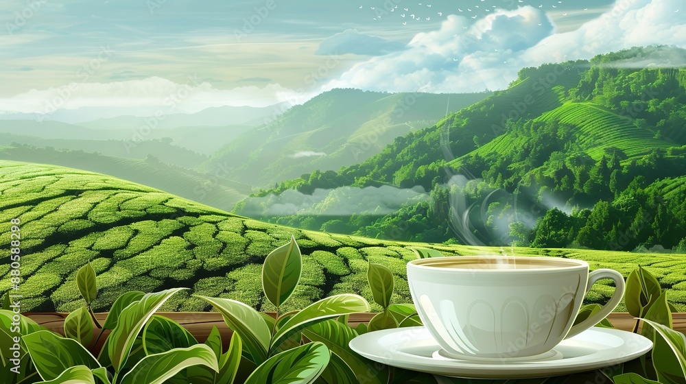 Cup of Green Tea with Mountainous Green Plantation Background: Graphic Art Cup of Green Tea with Mountainous Green Plantation Background: Graphic Art