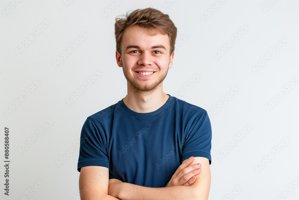 Portrait of young European Caucasian man in blue t-shirt isolated on white background Portrait of young European Caucasian man in blue t-shirt isolated on white background