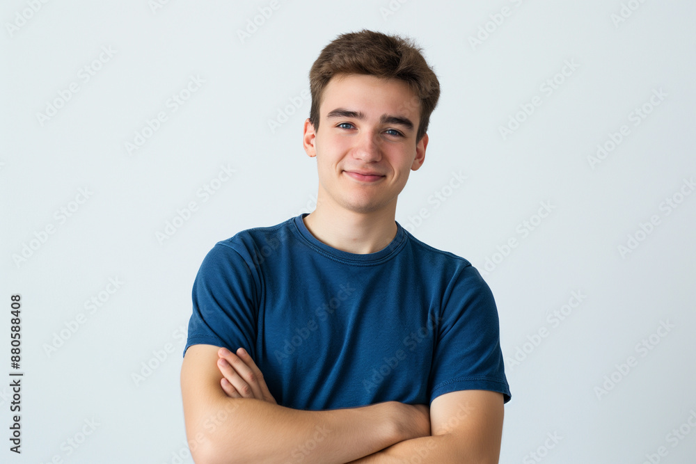 Portrait of young European Caucasian man in blue t-shirt isolated on white background Portrait of young European Caucasian man in blue t-shirt isolated on white background