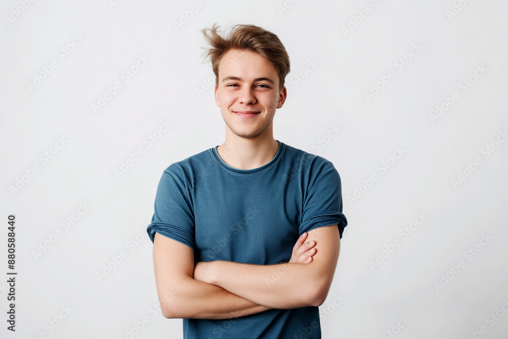 Portrait of young European Caucasian man in blue t-shirt isolated on white background Portrait of young European Caucasian man in blue t-shirt isolated on white background