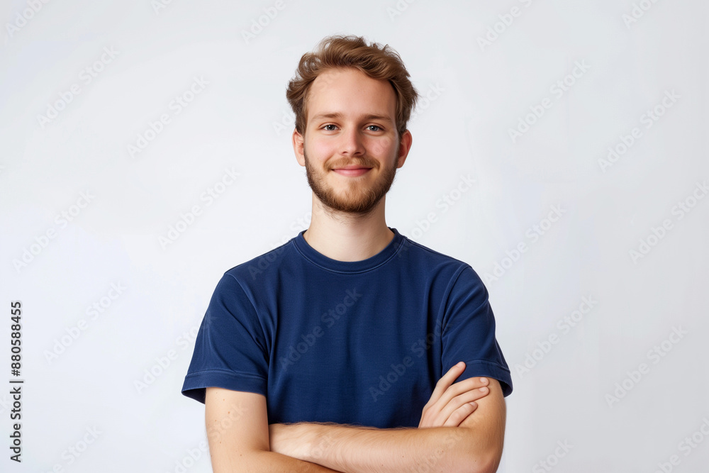Portrait of young European Caucasian man in blue t-shirt isolated on white background Portrait of young European Caucasian man in blue t-shirt isolated on white background