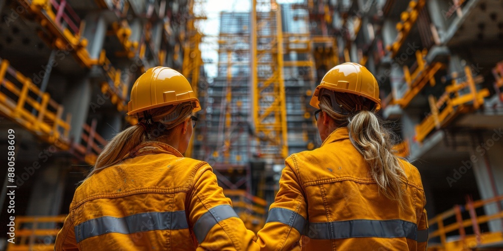 a business people studies an impressive skyscraper construction site. real people, realistic, southern European ethnicities. a business people studies an impressive skyscraper construction site. real people, realistic, southern European ethnicities.