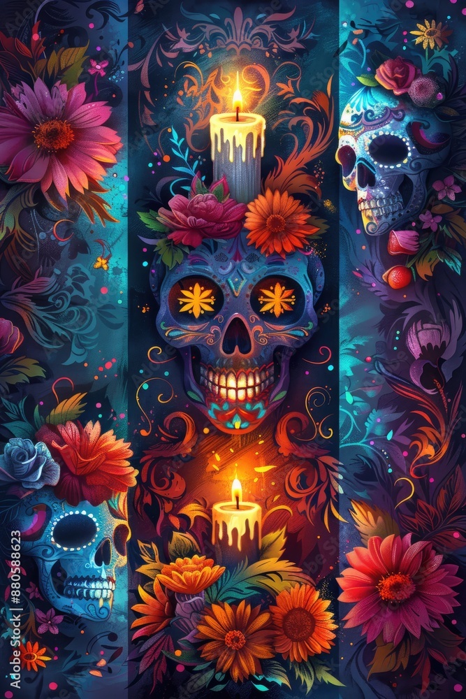 Fototapeta premium A vividly decorated skull featuring detailed floral designs and candles, symbolizing the celebratory and memorial aspects of Dia de los Muertos.