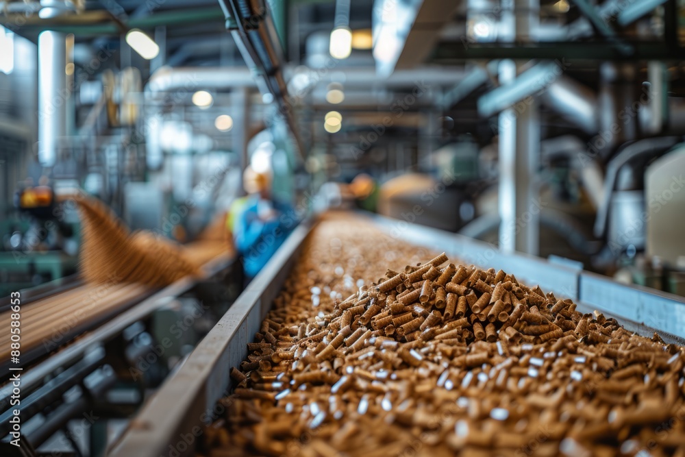 Transportation of the wooden pellets by a conveyor belt in a high-tech processing plant Transportation of the wooden pellets by a conveyor belt in a high-tech processing plant