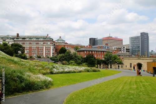 newer and older buildings in a cityscape with green plants and cut grass in the foreground photo