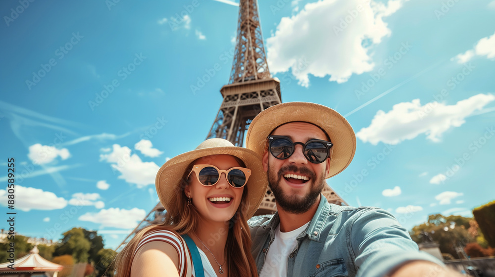 Fototapeta premium couple taking photo with camera in front of eiffel tower
