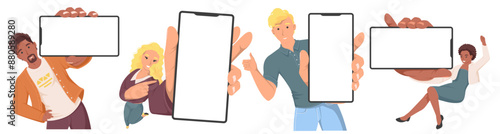 Diverse happy people with blank smartphone displays set isolated on white background. Male female characters showing empty mobile phone screen mockups vector illustration