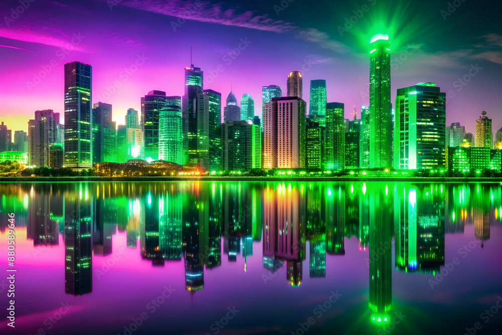 Fototapeta premium A city skyline is reflected in a body of water, with the buildings appearing to glow in the dark