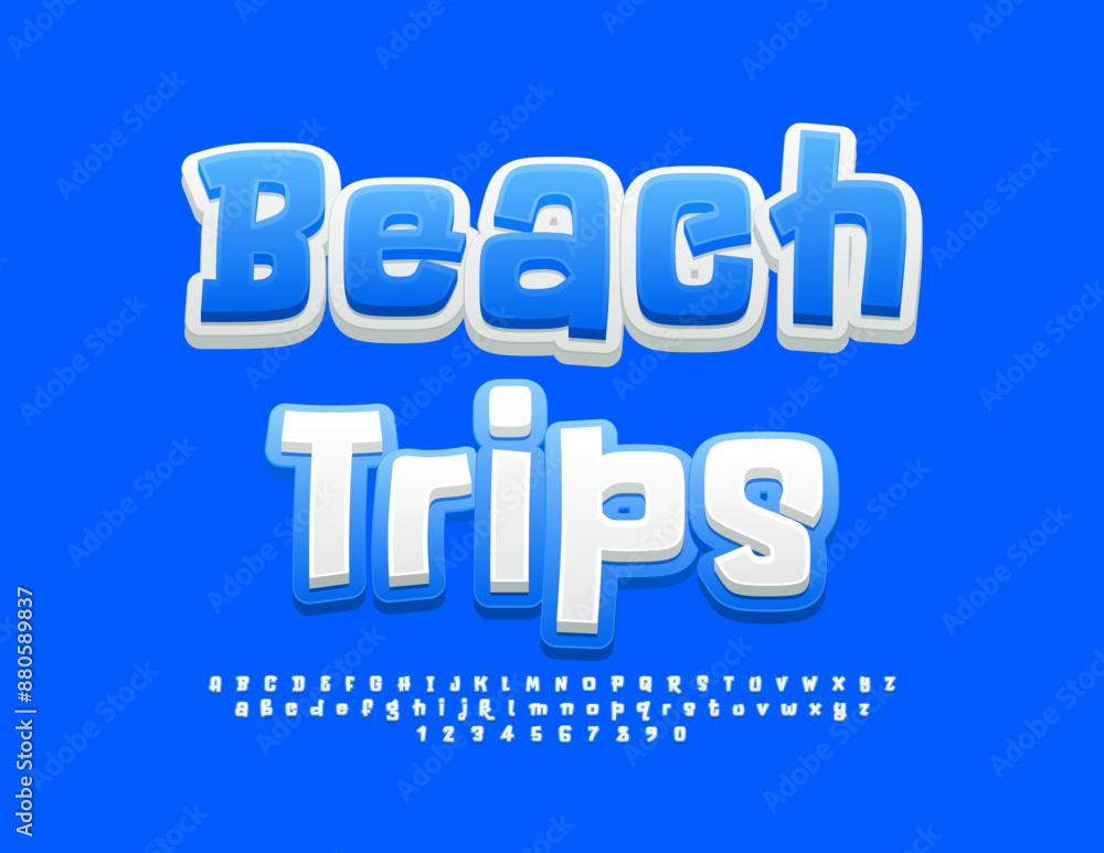 Vector travel emblem Beach Trips. Playful bright Font. Funny Alphabet Letters and Numbers set. Vector travel emblem Beach Trips. Playful bright Font. Funny Alphabet Letters and Numbers set.