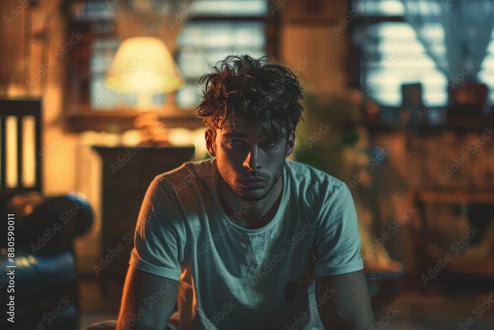 Moody portrait of a man with tousled hair sitting in a dimly lit room, illuminated by a warm lamp in the background, exuding introspection. Moody portrait of a man with tousled hair sitting in a dimly lit room, illuminated by a warm lamp in the background, exuding introspection.