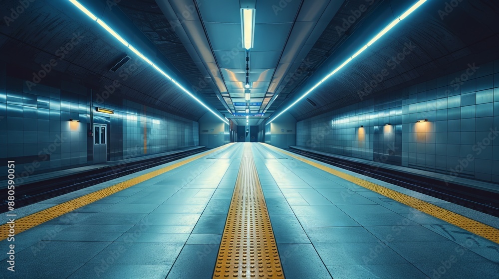 Fototapeta premium Declining commuter numbers. A deserted train station platform, illustrating reduction in commuting