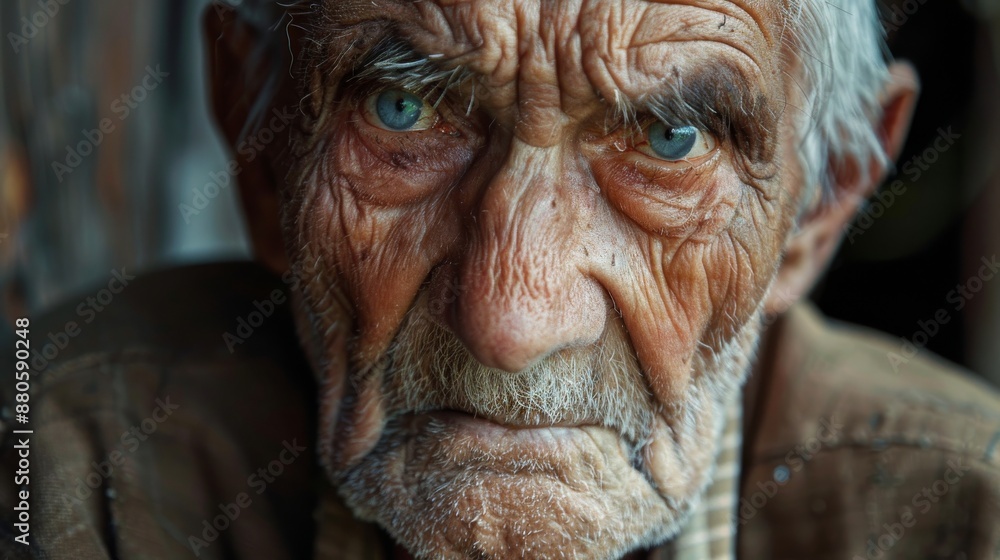 Close-up of an elderly man with deep wrinkles and striking blue eyes, conveying a sense of wisdom, experience, and seriousness Close-up of an elderly man with deep wrinkles and striking blue eyes, conveying a sense of wisdom, experience, and seriousness