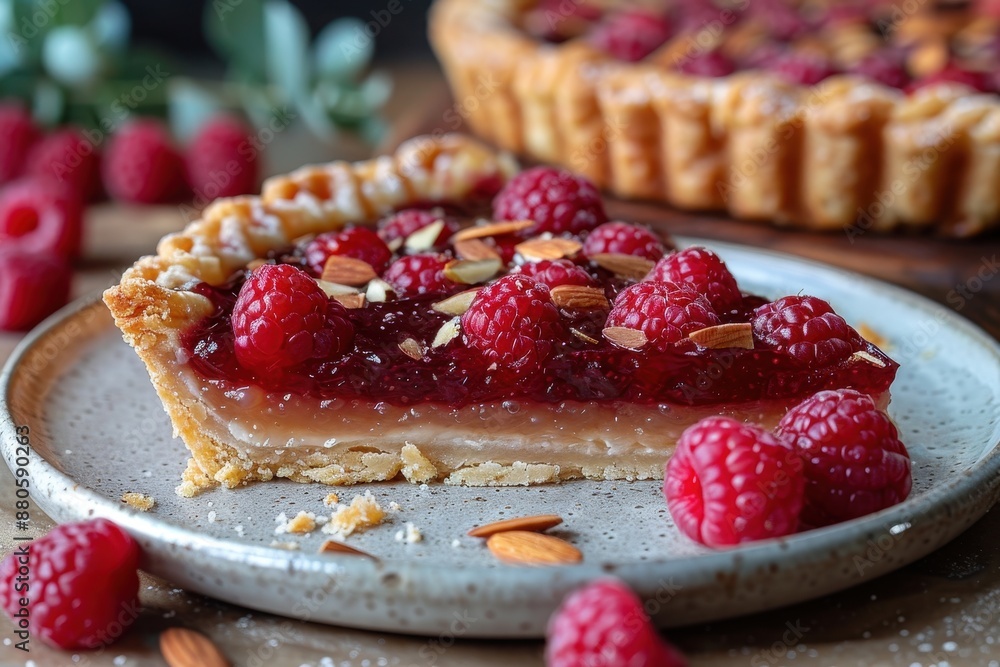 A slice of Bakewell tart, with a layer of raspberry jam and almond frangipane, topped with flaked almonds. A slice of Bakewell tart, with a layer of raspberry jam and almond frangipane, topped with flaked almonds.