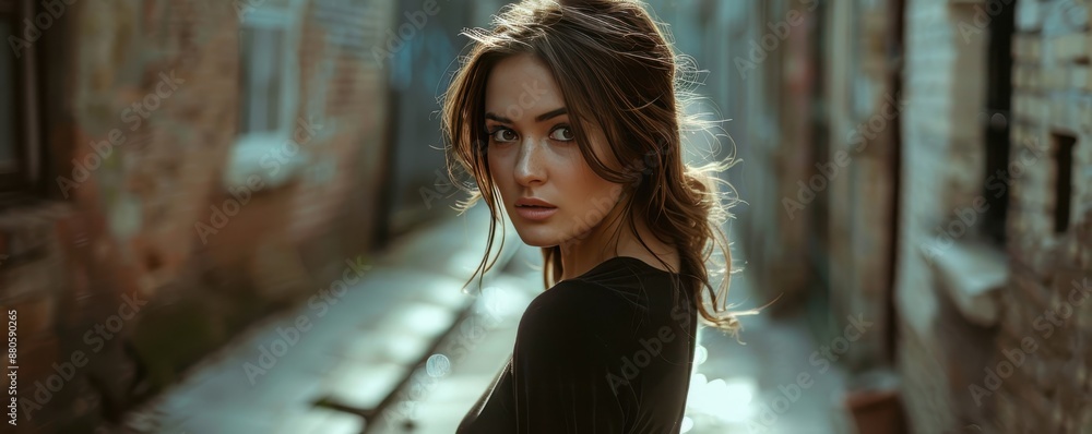 Obraz premium Young woman in a black outfit standing in a narrow alleyway, looking back under soft sunlight, creating a dramatic atmospheric scene.