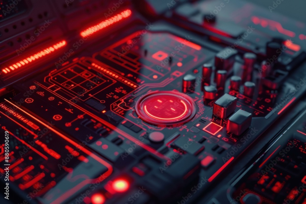 Red circuit board glowing showing microchip and button technology Red circuit board glowing showing microchip and button technology