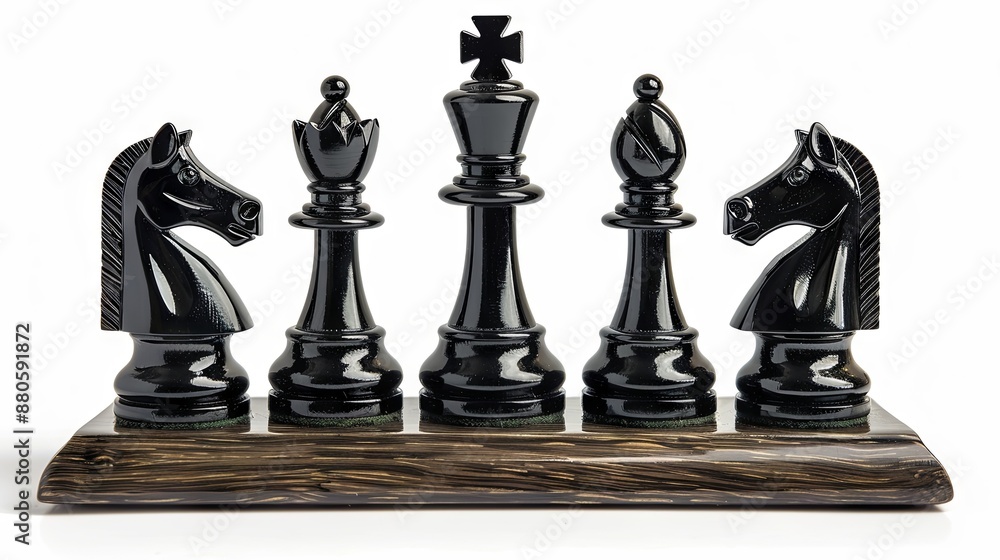 Close-up of black glossy chess pieces standing on a wooden board on a white isolated background. July 20 - International Chess Day Close-up of black glossy chess pieces standing on a wooden board on a white isolated background. July 20 - International Chess Day