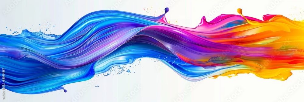 A close-up image of blue, purple, pink, and yellow paint splashes flowing through a white background A close-up image of blue, purple, pink, and yellow paint splashes flowing through a white background