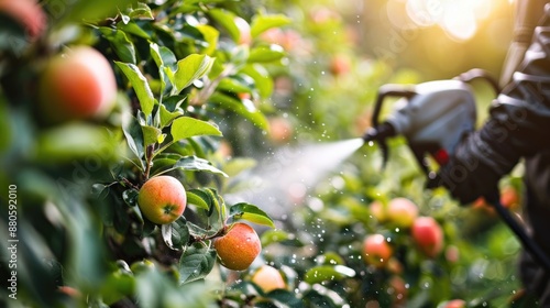 Protective spraying of apple trees against plant diseases using a pressure sprayer with pesticides photo