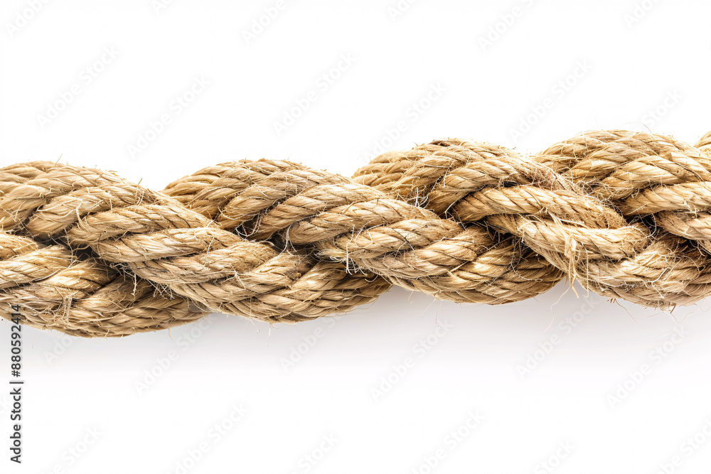 A close-up of a thick, twisted rope against a white background highlighting the texture and strength of the material A close-up of a thick, twisted rope against a white background highlighting the texture and strength of the material
