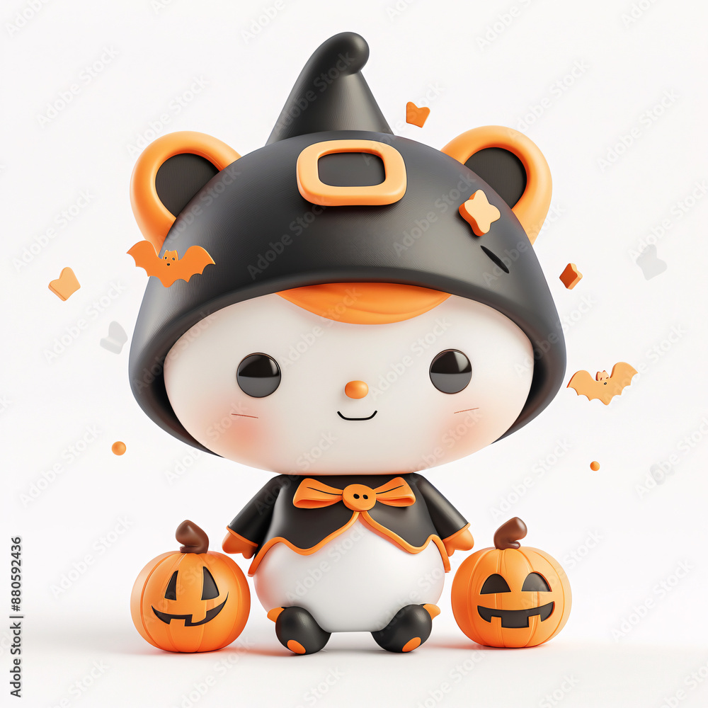 Kawaii Halloween Character in Festive Attire with PumpkinsBatsand Ghosts on White Background Kawaii Halloween Character in Festive Attire with PumpkinsBatsand Ghosts on White Background