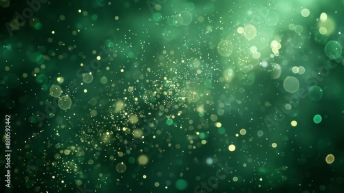 Dark green abstract background with a bokeh circle and shiny stars. New year, birthday, holidays celebration.