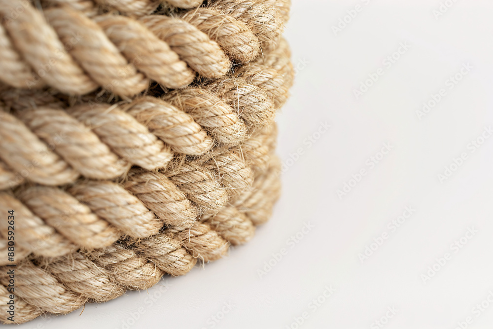 A close-up view of coiled rope, showcasing its texture and intricate weaving pattern against a plain background A close-up view of coiled rope, showcasing its texture and intricate weaving pattern against a plain background