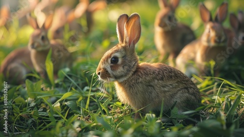 Rabbits in small pens eat grass outdoors © Krill