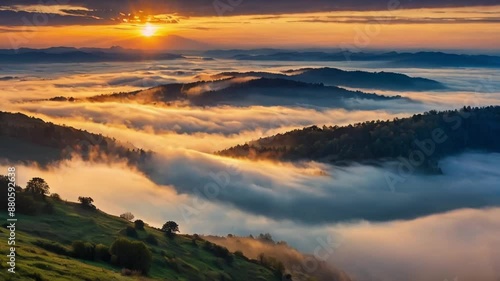 Landscape mountain and mist in winter beautiful sunrise