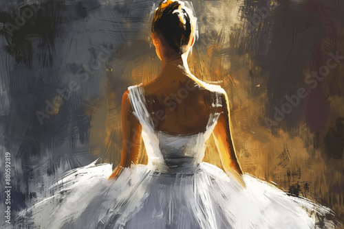 illustration of young ballerina in white tutu, back view