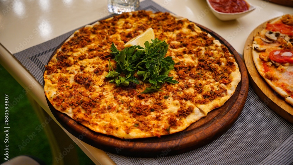 Turkish Pizza on Wooden Board Turkish Pizza on Wooden Board