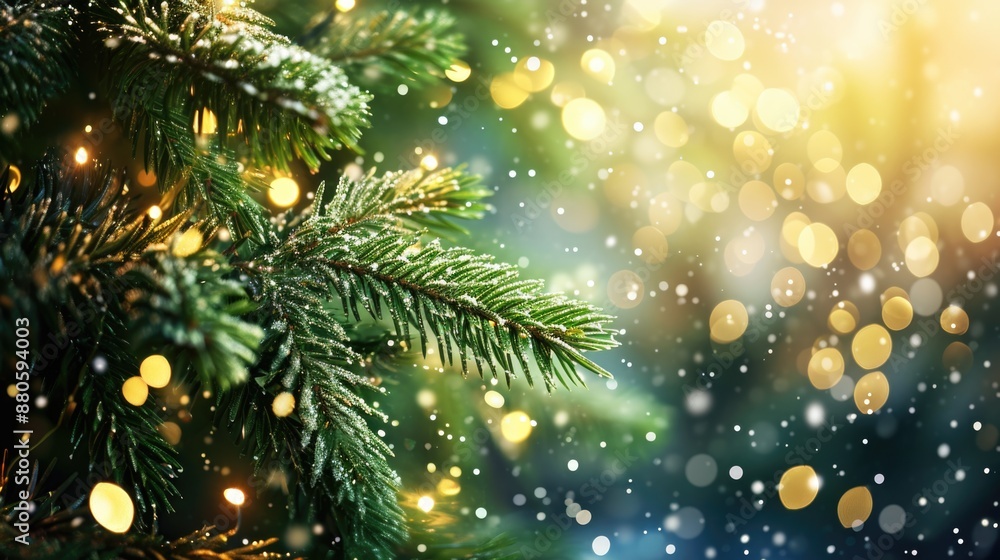A close-up shot of a decorated Christmas tree with colorful lights shining in the background A close-up shot of a decorated Christmas tree with colorful lights shining in the background