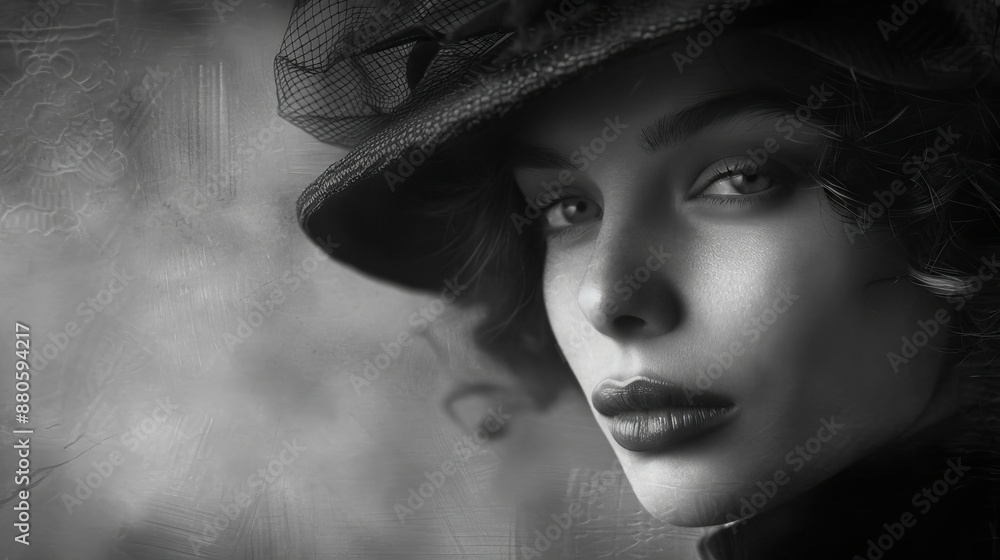 Beautiful young woman wearing a hat is posing in black and white. Her face is illuminated by soft lighting that creates a vintage feel Beautiful young woman wearing a hat is posing in black and white. Her face is illuminated by soft lighting that creates a vintage feel