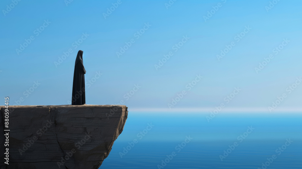 '' nun standing on a cliff edge with the ocean behind her and a peaceful sky '' nun standing on a cliff edge with the ocean behind her and a peaceful sky