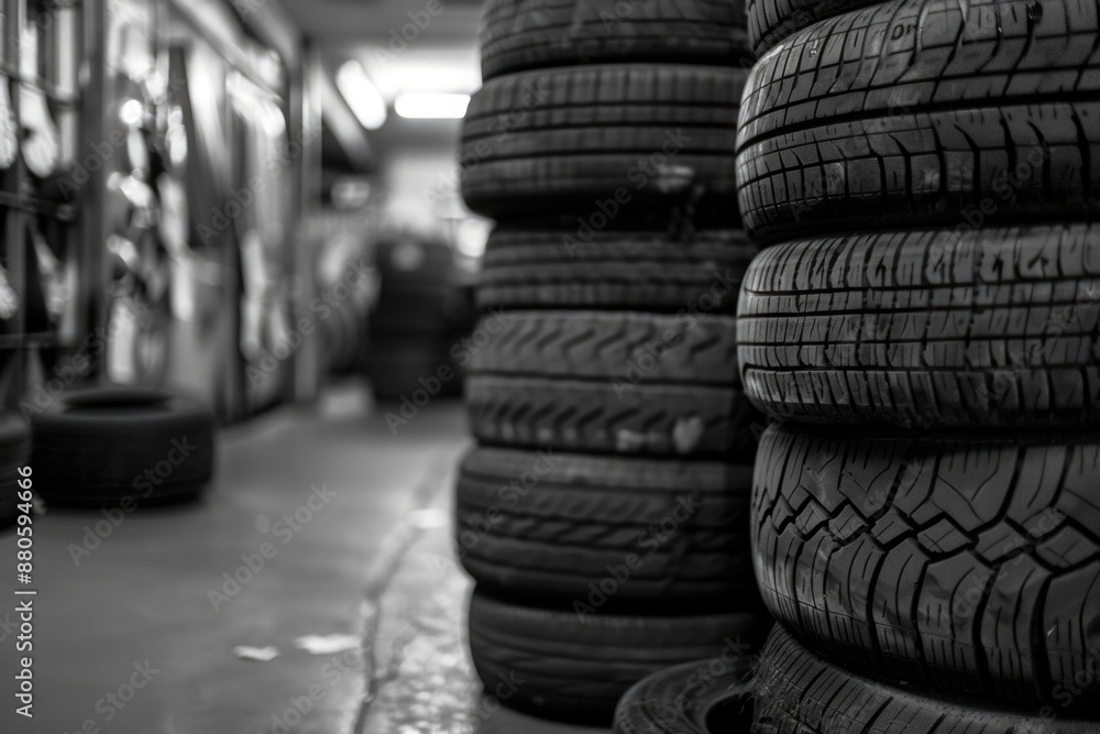 A pile of tires stacked high, often used as a decorative or storage solution A pile of tires stacked high, often used as a decorative or storage solution