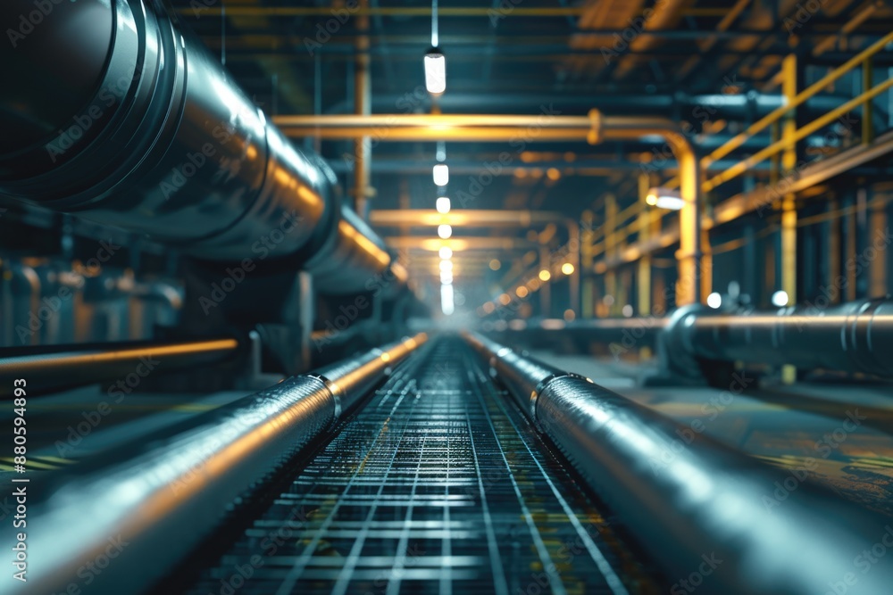 Industrial setting with a long metal pipe and machinery Industrial setting with a long metal pipe and machinery