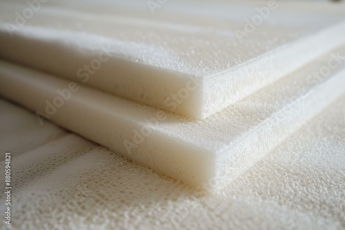 White polyurethane foam is laying on top of each other, ready to be used for upholstery projects photo