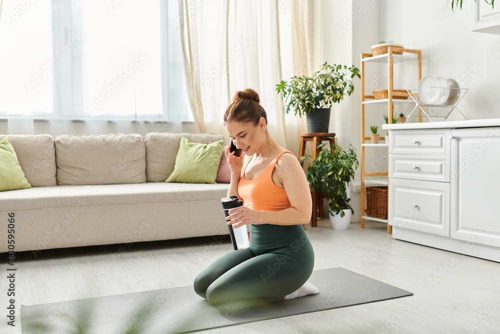 Middle aged woman on yoga mat, conversing on cellphone. Middle aged woman on yoga mat, conversing on cellphone.