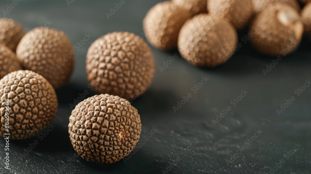 A close-up of truffle mushrooms on a dark slate surface, highlighting their rough texture and rich color contrast A close-up of truffle mushrooms on a dark slate surface, highlighting their rough texture and rich color contrast