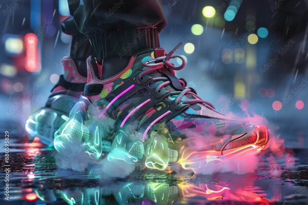 Close up of a futuristic sneaker with neon lights, illuminating a rainy city street Close up of a futuristic sneaker with neon lights, illuminating a rainy city street