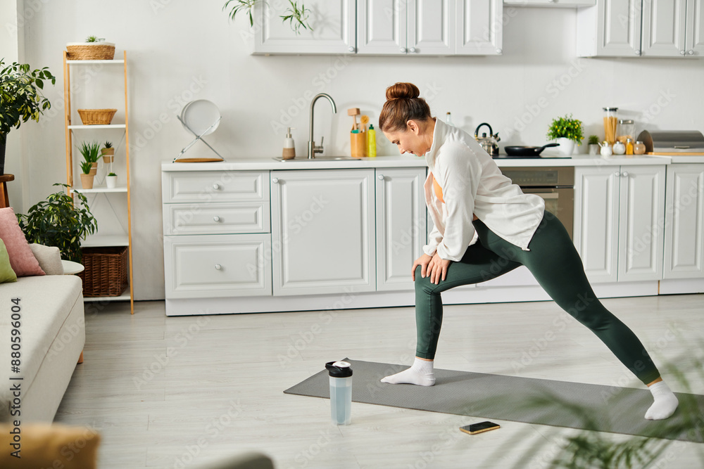 Middle-aged woman gracefully performs a yoga pose on a yoga mat at home. Middle-aged woman gracefully performs a yoga pose on a yoga mat at home.