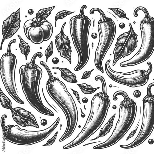 assorted chili peppers with leaves, showcasing various shapes and sizes sketch engraving generative ai vector illustration. Scratch board imitation. Black and white image.