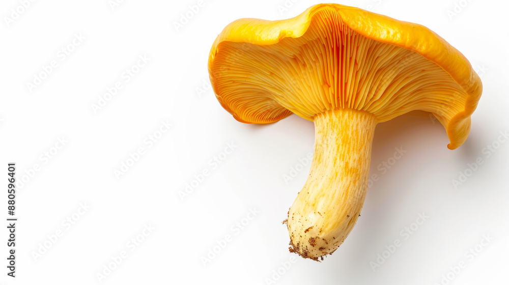A single golden chanterelle mushroom isolated on a white background with plenty of empty space for text A single golden chanterelle mushroom isolated on a white background with plenty of empty space for text