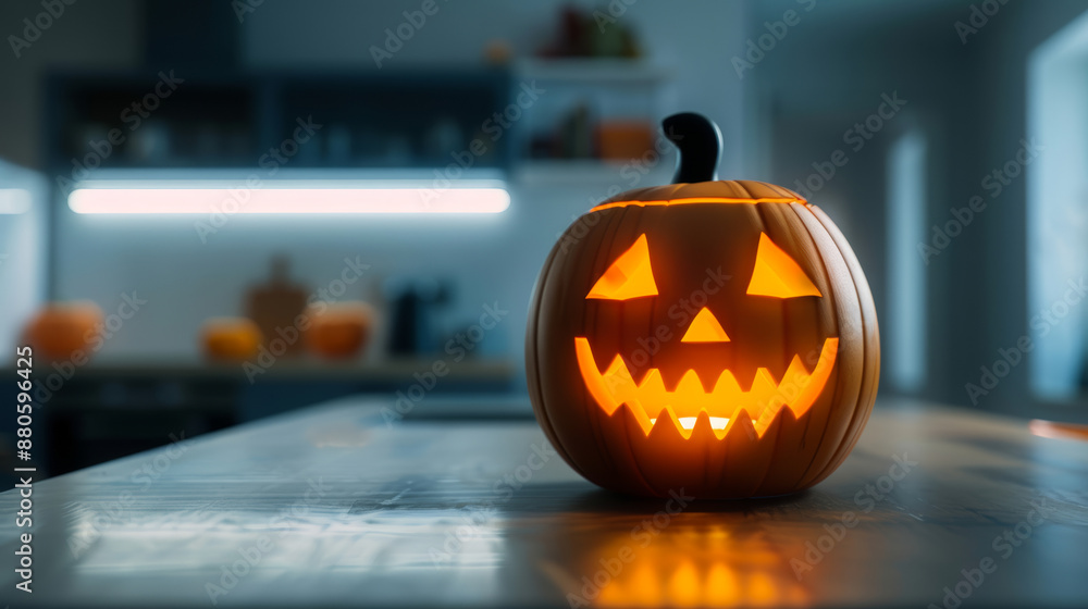 A smart home assistant shaped like a glowing jack-o'-lantern in a dark room, its screen displaying eerie Halloween messages A smart home assistant shaped like a glowing jack-o'-lantern in a dark room, its screen displaying eerie Halloween messages