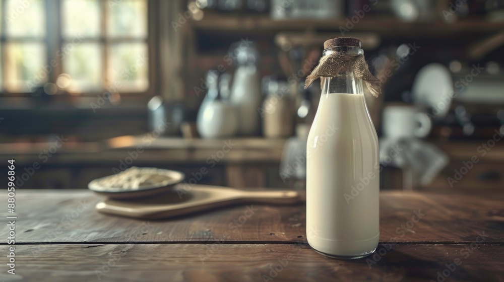 A bottle of milk sitting on a simple wooden table, suitable for various food-related or everyday scenes A bottle of milk sitting on a simple wooden table, suitable for various food-related or everyday scenes