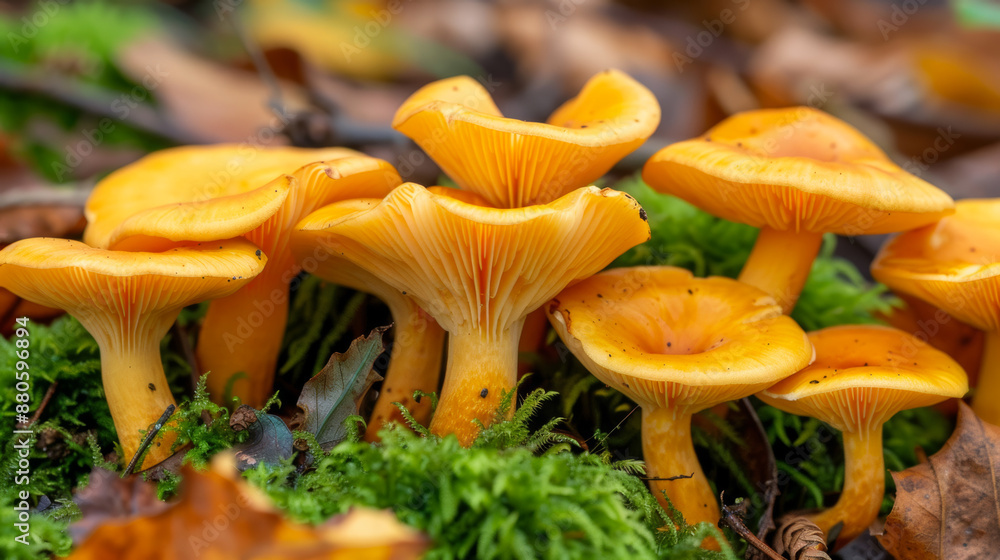 A wide-angle view of a cluster of golden chanterelle mushrooms growing amidst green moss and fallen leaves A wide-angle view of a cluster of golden chanterelle mushrooms growing amidst green moss and fallen leaves