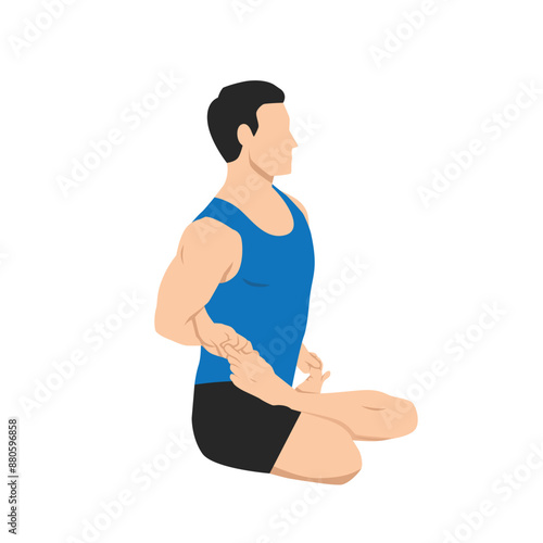Man doing Bound lotus or baddha padmasana exercise. Flat vector illustration isolated on white background
