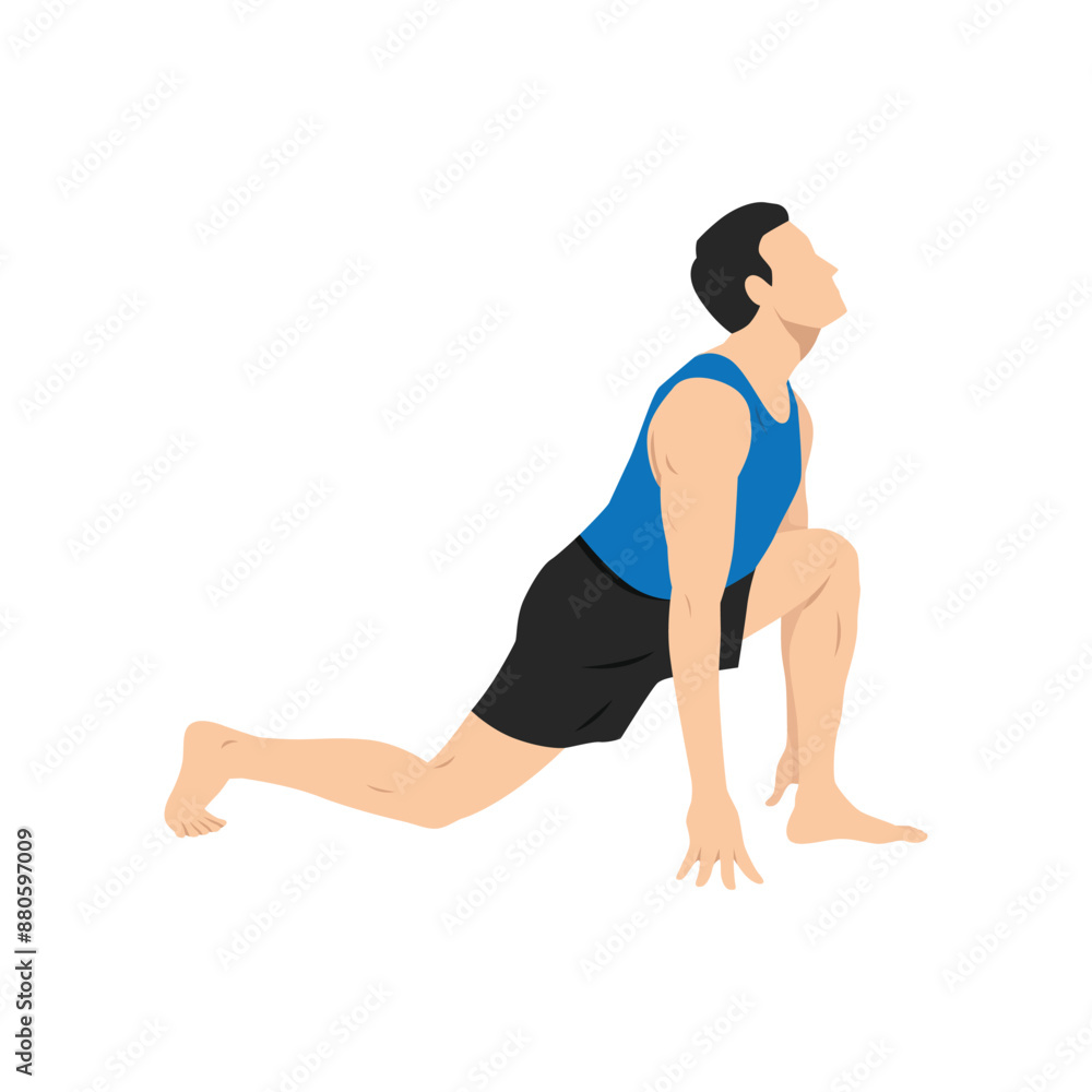Man doing equestrian or ashwa sanchalanasana exercise. Flat vector illustration isolated on white background Man doing equestrian or ashwa sanchalanasana exercise. Flat vector illustration isolated on white background