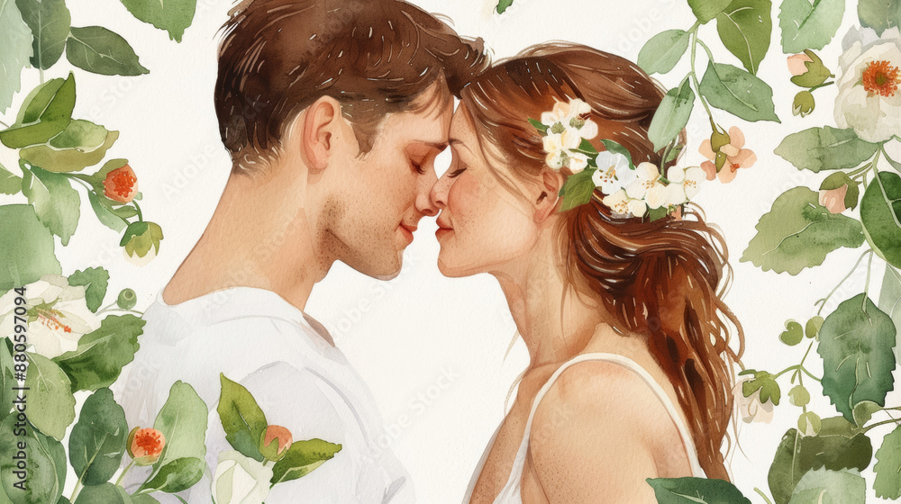 Fototapeta premium Adam and Eve discovering each other, soft watercolor palette, surrounded by flowers and animals, peaceful and innocent moment 