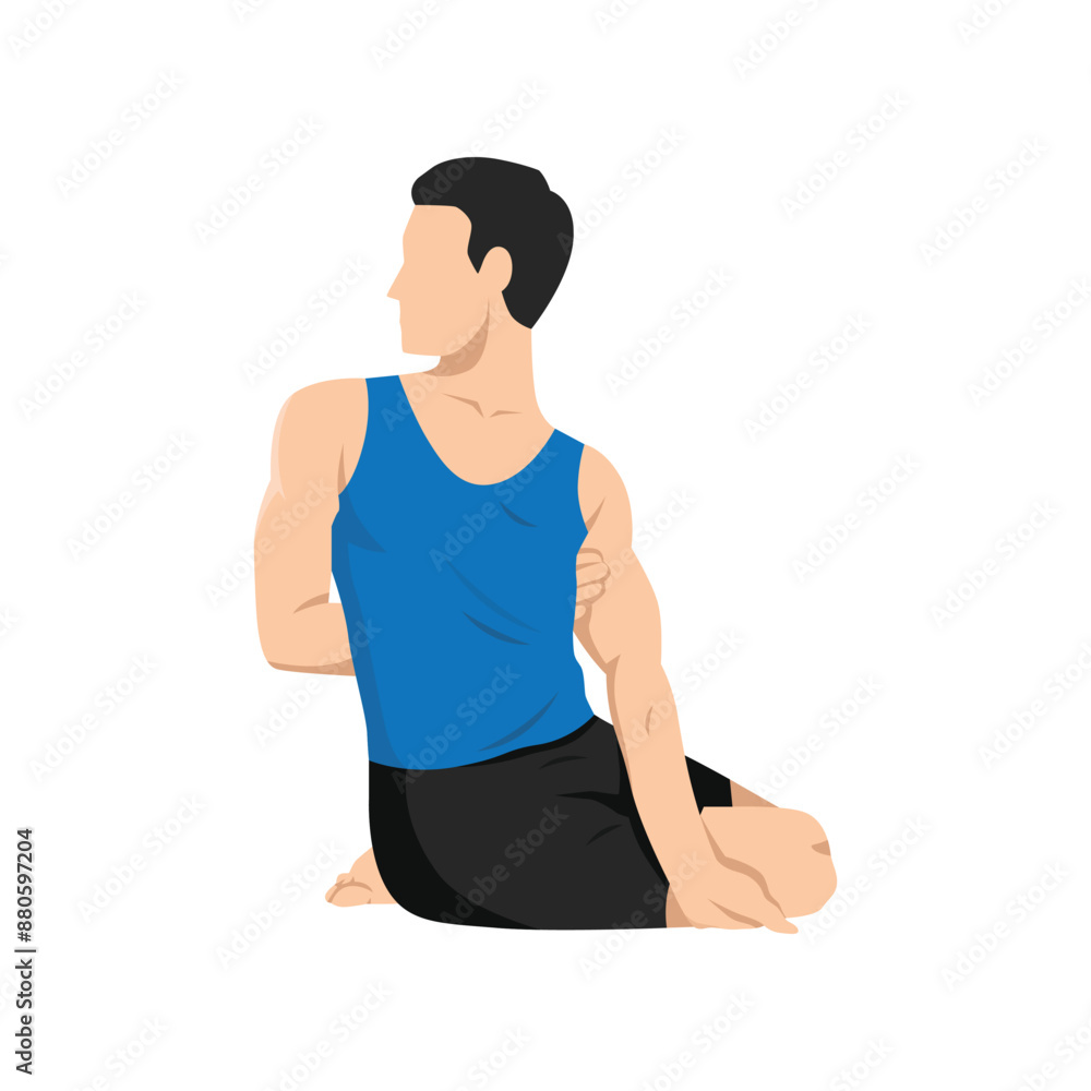 Man doing Sage Pose sanskrit or Bharadvajasana or bharadvaja twist. Flat vector illustration isolated on white background Man doing Sage Pose sanskrit or Bharadvajasana or bharadvaja twist. Flat vector illustration isolated on white background
